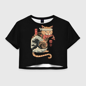 Женская футболка Crop-top 3D с принтом Cat Wave в Екатеринбурге, 100% полиэстер | круглая горловина, длина футболки до линии талии, рукава с отворотами | cat | cats | japan | ninja | samurai | shogun | wave | yakuza | волна | катана | кот | котенок | коты | котэ | котята | кошка | ниндзя | самурай | сёгун | якудза | япония