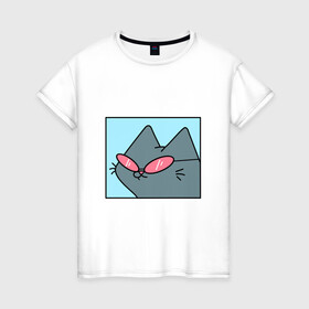 Женская футболка хлопок с принтом кот в Екатеринбурге, 100% хлопок | прямой крой, круглый вырез горловины, длина до линии бедер, слегка спущенное плечо | cat | meme | кот | мем | очки