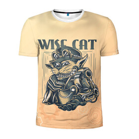 Мужская футболка 3D спортивная с принтом Wise cat в Екатеринбурге, 100% полиэстер с улучшенными характеристиками | приталенный силуэт, круглая горловина, широкие плечи, сужается к линии бедра | steampunk | арт | графика | обои | плакат | постер | стимпанк