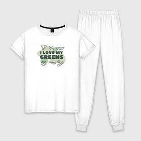 Женская пижама хлопок с принтом Я люблю зеленые овощи в Екатеринбурге, 100% хлопок | брюки и футболка прямого кроя, без карманов, на брюках мягкая резинка на поясе и по низу штанин | здоровье | зеленые | овощи | питание | польза