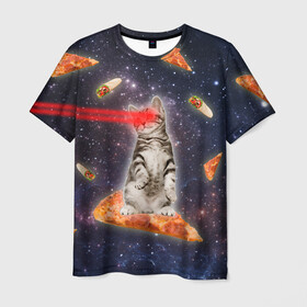 Мужская футболка 3D с принтом Котик в космосе в Екатеринбурге, 100% полиэфир | прямой крой, круглый вырез горловины, длина до линии бедер | Тематика изображения на принте: nyan cat | youtube | еда | космос | котик | мемы | пицца | психоделика | ютуб