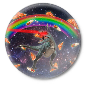 Значок с принтом Динозавр в космосе в Екатеринбурге,  металл | круглая форма, металлическая застежка в виде булавки | dinosaur | meme | youtube | динозавр | космос | мемы | психоделика | ютуб