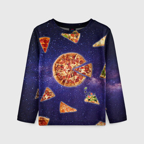 Детский лонгслив 3D с принтом Пицца в космосе в Екатеринбурге, 100% полиэстер | длинные рукава, круглый вырез горловины, полуприлегающий силуэт
 | meat | pizza | space | youtube | еда | космос | мемы | пицца | психоделика | ютуб