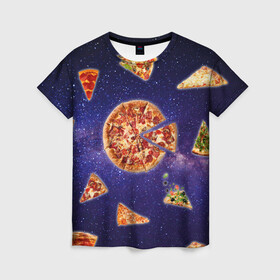 Женская футболка 3D с принтом Пицца в космосе в Екатеринбурге, 100% полиэфир ( синтетическое хлопкоподобное полотно) | прямой крой, круглый вырез горловины, длина до линии бедер | meat | pizza | space | youtube | еда | космос | мемы | пицца | психоделика | ютуб