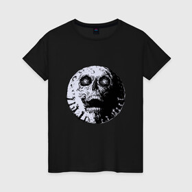 Женская футболка хлопок с принтом Луна Череп в Екатеринбурге, 100% хлопок | прямой крой, круглый вырез горловины, длина до линии бедер, слегка спущенное плечо | creepy | devil | halloween | hand | hands | horror | moon | satan | scream | skull | spooky | zombie | зомби | кратер | крик | крипота | лунный череп | мистика | мистицизм | руки | сатанизм | ужасы | хеллоуин | хоррор | хоррор мерч | хэллоуин |