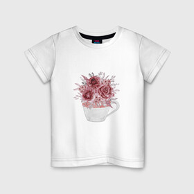 Детская футболка хлопок с принтом ЦВЕТЫ В КРУЖКЕ в Екатеринбурге, 100% хлопок | круглый вырез горловины, полуприлегающий силуэт, длина до линии бедер | букет | ветви | веточки | кружка | лепестки | лепесток | цветочки | цветы | чашка