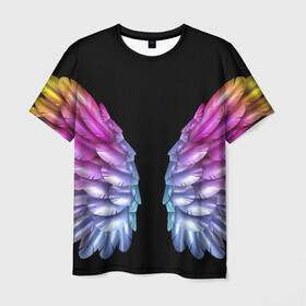 Мужская футболка 3D с принтом РАЗНОЦВЕТНЫЕ ПЕРЬЯ в Екатеринбурге, 100% полиэфир | прямой крой, круглый вырез горловины, длина до линии бедер | взмах | крылья | перья | попугай | радуга | цвета