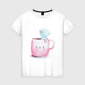 Женская футболка хлопок с принтом Котик в чашке в Екатеринбурге, 100% хлопок | прямой крой, круглый вырез горловины, длина до линии бедер, слегка спущенное плечо | cat | акварельный котэ | кот в чашке | котенок