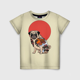 Детская футболка 3D с принтом Мопс в Екатеринбурге, 100% гипоаллергенный полиэфир | прямой крой, круглый вырез горловины, длина до линии бедер, чуть спущенное плечо, ткань немного тянется | Тематика изображения на принте: мопс | мопсик | мопсики | самурай | собака | солнце | тату | япония | японское