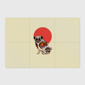 Магнитный плакат 3Х2 с принтом Мопс в Екатеринбурге, Полимерный материал с магнитным слоем | 6 деталей размером 9*9 см | Тематика изображения на принте: мопс | мопсик | мопсики | самурай | собака | солнце | тату | япония | японское