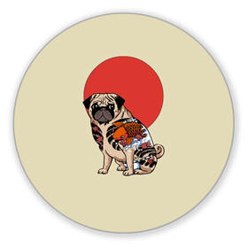 Коврик для мышки круглый с принтом Мопс в Екатеринбурге, резина и полиэстер | круглая форма, изображение наносится на всю лицевую часть | мопс | мопсик | мопсики | самурай | собака | солнце | тату | япония | японское
