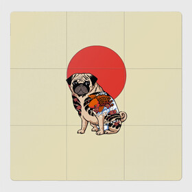 Магнитный плакат 3Х3 с принтом Мопс в Екатеринбурге, Полимерный материал с магнитным слоем | 9 деталей размером 9*9 см | Тематика изображения на принте: мопс | мопсик | мопсики | самурай | собака | солнце | тату | япония | японское