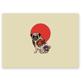Поздравительная открытка с принтом Мопс в Екатеринбурге, 100% бумага | плотность бумаги 280 г/м2, матовая, на обратной стороне линовка и место для марки
 | Тематика изображения на принте: мопс | мопсик | мопсики | самурай | собака | солнце | тату | япония | японское