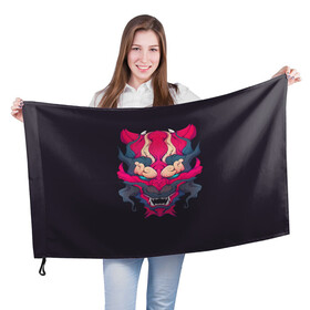 Флаг 3D с принтом Японский дьявол в Екатеринбурге, 100% полиэстер | плотность ткани — 95 г/м2, размер — 67 х 109 см. Принт наносится с одной стороны | дьявол | закат | иньйань | иньянь | катана | катаны | самураи | самурай | япония | японское