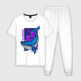 Мужская пижама хлопок с принтом Кит The dreamer в Екатеринбурге, 100% хлопок | брюки и футболка прямого кроя, без карманов, на брюках мягкая резинка на поясе и по низу штанин
 | Тематика изображения на принте: кит | кит the dreamer | мечтатель | море | океан | синий кит