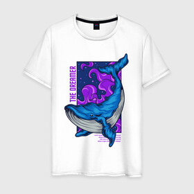Мужская футболка хлопок с принтом Кит The dreamer в Екатеринбурге, 100% хлопок | прямой крой, круглый вырез горловины, длина до линии бедер, слегка спущенное плечо. | кит | кит the dreamer | мечтатель | море | океан | синий кит