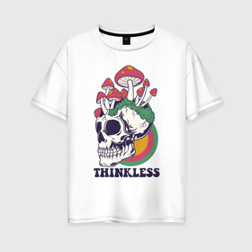 Женская футболка хлопок Oversize с принтом Череп и грибы в Екатеринбурге, 100% хлопок | свободный крой, круглый ворот, спущенный рукав, длина до линии бедер
 | грибы | мох | мухоморы | поганки | психоделика | скелет | череп