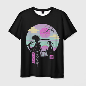 Мужская футболка 3D с принтом Samurai в Екатеринбурге, 100% полиэфир | прямой крой, круглый вырез горловины, длина до линии бедер | anime | japan | katana | manga | sakura | samurai | sempai | senpai | sun | аниме | закат | катана | манга | сакура | самураи | солнце | япония