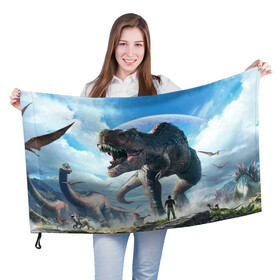 Флаг 3D с принтом Ark Survival Evolved в Екатеринбурге, 100% полиэстер | плотность ткани — 95 г/м2, размер — 67 х 109 см. Принт наносится с одной стороны | ark | ark survival | dino | t rex | арк | арк сурвайвал | дино | динозавр | динозавры | спинозавр | тираннозавр
