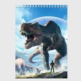 Скетчбук с принтом Ark Survival Evolved в Екатеринбурге, 100% бумага
 | 48 листов, плотность листов — 100 г/м2, плотность картонной обложки — 250 г/м2. Листы скреплены сверху удобной пружинной спиралью | Тематика изображения на принте: ark | ark survival | dino | t rex | арк | арк сурвайвал | дино | динозавр | динозавры | спинозавр | тираннозавр