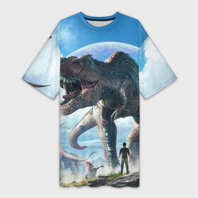 Платье-футболка 3D с принтом Ark Survival Evolved в Екатеринбурге,  |  | ark | ark survival | dino | t rex | арк | арк сурвайвал | дино | динозавр | динозавры | спинозавр | тираннозавр