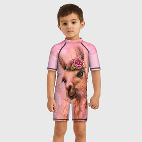 Детский купальный костюм 3D с принтом лама с цветами в Екатеринбурге, Полиэстер 85%, Спандекс 15% | застежка на молнии на спине | llama | альпака | животные | лама
