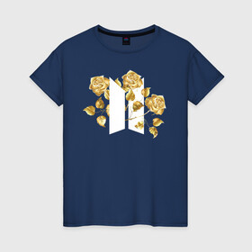Женская футболка хлопок с принтом БТС BTS Stay Gold V2 Bangtan в Екатеринбурге, 100% хлопок | прямой крой, круглый вырез горловины, длина до линии бедер, слегка спущенное плечо | bangtan boys | bts | k pop | stay gold | бтс | версия 2