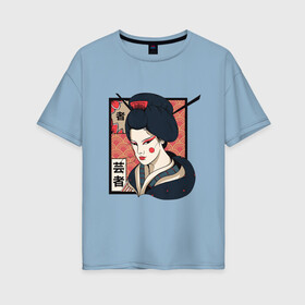 Женская футболка хлопок Oversize с принтом Традиционная Японская Гейша в Екатеринбурге, 100% хлопок | свободный крой, круглый ворот, спущенный рукав, длина до линии бедер
 | art | geisha | girl | illustration | japan | japanese | kanji | kano | makeup | ukiyo e | арт | гравюра | девушка | иероглифы | иллюстрация | искусство | кандзи | картина | кимоно | макияж | мейкап | рисунок | укиё э | школа кано | я