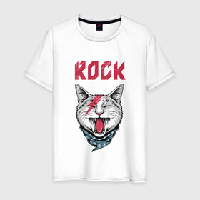 Мужская футболка хлопок с принтом КОТ РОК в Екатеринбурге, 100% хлопок | прямой крой, круглый вырез горловины, длина до линии бедер, слегка спущенное плечо. | cat | rock | кот | кот рок | котик | кошак | кошка | рок | рок кот