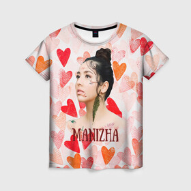 Женская футболка 3D с принтом Manizha на фоне сердечек в Екатеринбурге, 100% полиэфир ( синтетическое хлопкоподобное полотно) | прямой крой, круглый вырез горловины, длина до линии бедер | manizha | далеровна | душанбе | евровидение | евровидение 2021 | манижа | певица | таджикистан | хамраева