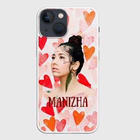 Чехол для iPhone 13 mini с принтом Manizha на фоне сердечек в Екатеринбурге,  |  | Тематика изображения на принте: manizha | далеровна | душанбе | евровидение | евровидение 2021 | манижа | певица | таджикистан | хамраева