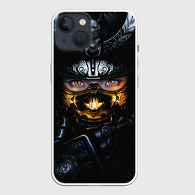 Чехол для iPhone 13 с принтом Девушка Самурай в Екатеринбурге,  |  | взгляд | воин | девушка | девушка самурай | лицо | маска | самурай | шлем самурая