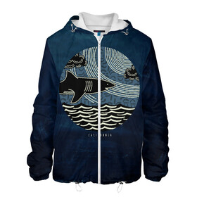 Мужская куртка 3D с принтом Акулы California Sharks в Екатеринбурге, ткань верха — 100% полиэстер, подклад — флис | прямой крой, подол и капюшон оформлены резинкой с фиксаторами, два кармана без застежек по бокам, один большой потайной карман на груди. Карман на груди застегивается на липучку | shark | акула | волны | калифорния | море | океан