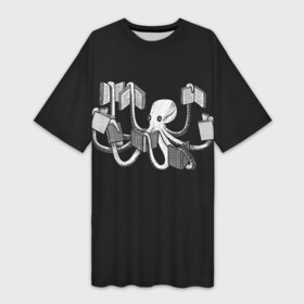 Платье-футболка 3D с принтом Octopus Book в Екатеринбурге,  |  | black | book | books | dual | knowledge | octopus | study | white | белое | знания | книга | книги | книжный | осьминог | черно белое | черное