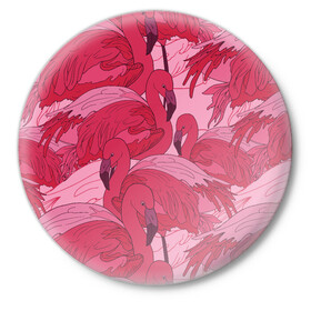 Значок с принтом розовые фламинго в Екатеринбурге,  металл | круглая форма, металлическая застежка в виде булавки | flamingo | птицы | розовый | фламинго