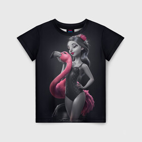 Детская футболка 3D с принтом девушка с фламинго в Екатеринбурге, 100% гипоаллергенный полиэфир | прямой крой, круглый вырез горловины, длина до линии бедер, чуть спущенное плечо, ткань немного тянется | flamingo | птицы | розовый | фламинго