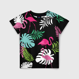 Детская футболка 3D с принтом фламинго с цветами в Екатеринбурге, 100% гипоаллергенный полиэфир | прямой крой, круглый вырез горловины, длина до линии бедер, чуть спущенное плечо, ткань немного тянется | flamingo | птицы | розовый | фламинго