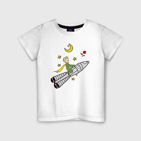 Детская футболка хлопок с принтом Маленький принц на ракете в Екатеринбурге, 100% хлопок | круглый вырез горловины, полуприлегающий силуэт, длина до линии бедер | baby | dreams | little prince | prince | rocket | space | stars | the little prince | детские | звезды | космонавт | космос | луна | маленький принц | малыш | месяц | мечты | полет | полумесяц | принц | ракета | ребенок | роза | сказки