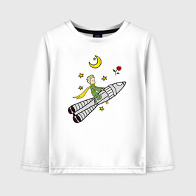 Детский лонгслив хлопок с принтом Маленький принц на ракете в Екатеринбурге, 100% хлопок | круглый вырез горловины, полуприлегающий силуэт, длина до линии бедер | baby | dreams | little prince | prince | rocket | space | stars | the little prince | детские | звезды | космонавт | космос | луна | маленький принц | малыш | месяц | мечты | полет | полумесяц | принц | ракета | ребенок | роза | сказки