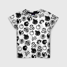 Детская футболка 3D с принтом 7 СМЕРТНЫХ ГРЕХОВ СИМВОЛЫ в Екатеринбурге, 100% гипоаллергенный полиэфир | прямой крой, круглый вырез горловины, длина до линии бедер, чуть спущенное плечо, ткань немного тянется | Тематика изображения на принте: anime | meliodas | nanatsu no taizai | seven deadly sins | аниме | бан | гаутер | гила | гилсандер | гриамор | диана | дрейфус | заратрас | кинг | манга | мелиодас | мерлин | хаузер | хельбрам | хендри