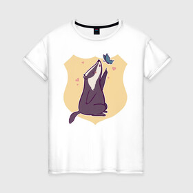 Женская футболка хлопок с принтом Барсук и бабочка в Екатеринбурге, 100% хлопок | прямой крой, круглый вырез горловины, длина до линии бедер, слегка спущенное плечо | animals | бабочка | барсук | барсук и бабочка | животное | зверь | насекомое | сердечко