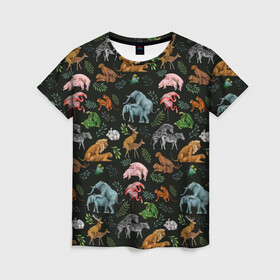Женская футболка 3D с принтом Дикие Звери Паттерн в Екатеринбурге, 100% полиэфир ( синтетическое хлопкоподобное полотно) | прямой крой, круглый вырез горловины, длина до линии бедер | animals | зайцы | звери | зебры | кошки | лев | леопард | обезьяны | олени | природа | тигры | фламинго | цветы