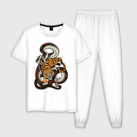 Мужская пижама хлопок с принтом Тигр и Змея Борьба в Екатеринбурге, 100% хлопок | брюки и футболка прямого кроя, без карманов, на брюках мягкая резинка на поясе и по низу штанин
 | beast | snake | tiger | борьба | животные | звери | змеи | зубы | когти | кошки | тигры | узор
