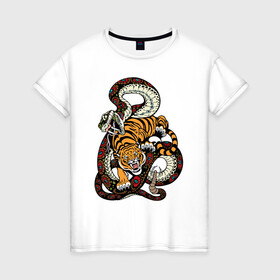 Женская футболка хлопок с принтом Тигр и Змея Борьба в Екатеринбурге, 100% хлопок | прямой крой, круглый вырез горловины, длина до линии бедер, слегка спущенное плечо | beast | snake | tiger | борьба | животные | звери | змеи | зубы | когти | кошки | тигры | узор