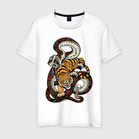 Мужская футболка хлопок с принтом Тигр и Змея Борьба в Екатеринбурге, 100% хлопок | прямой крой, круглый вырез горловины, длина до линии бедер, слегка спущенное плечо. | Тематика изображения на принте: beast | snake | tiger | борьба | животные | звери | змеи | зубы | когти | кошки | тигры | узор