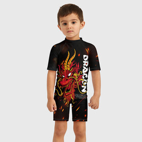 Детский купальный костюм 3D с принтом Dragon Огненный дракон в Екатеринбурге, Полиэстер 85%, Спандекс 15% | застежка на молнии на спине | dragon | fire | дракон | китай | китайский огонь | костер | огонь