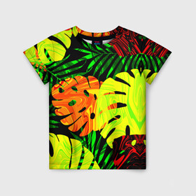 Детская футболка 3D с принтом ЛИСТЬЯ  в Екатеринбурге, 100% гипоаллергенный полиэфир | прямой крой, круглый вырез горловины, длина до линии бедер, чуть спущенное плечо, ткань немного тянется | summer | джунгли | зелень | кислотный | лесной | летний принт | лето | листья папоротника | огненный | пальмовые листья | пальмы | папоротник | свежий | стильный | тренд | тропики | тропический камуфляж