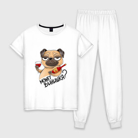 Женская пижама хлопок с принтом Собака с бокалом  в Екатеринбурге, 100% хлопок | брюки и футболка прямого кроя, без карманов, на брюках мягкая резинка на поясе и по низу штанин | бокал | вино | вопрос | деловая собака | довольная собака | смешная картинка | смешная собака | собака