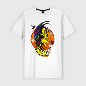 Мужская футболка хлопок Slim с принтом Красочный дракон в Екатеринбурге, 92% хлопок, 8% лайкра | приталенный силуэт, круглый вырез ворота, длина до линии бедра, короткий рукав | deagon | fantasy | monster | wings | вороны | дракон | животные | зверь | змей | китайский дракон | крылья | луна | мифические существа | монстр | облака | огненный | огонь | пламя | птицы | радужный | сказочный