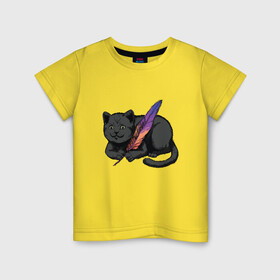 Детская футболка хлопок с принтом Чёрный кот с пёрышком в Екатеринбурге, 100% хлопок | круглый вырез горловины, полуприлегающий силуэт, длина до линии бедер | black cat | cats | cute | feather | fluffy | kitten | kitty | playful | pussy | pussycat | британская кошка | британский кот | градиент | играет с пером | киса | котенок | кошечка | кошка | милота | перо | прикол | пус | пусси | пушистый кот 